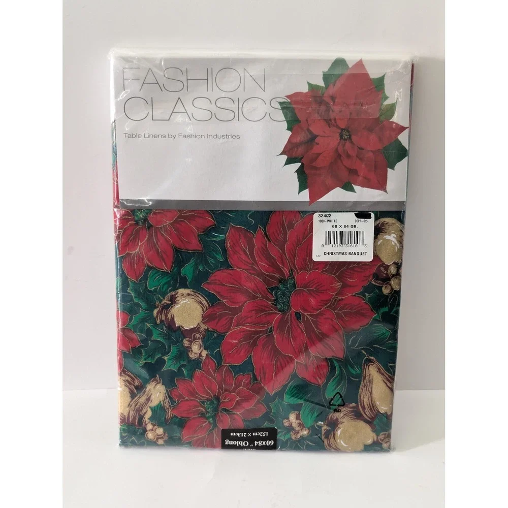 Fashion Classics Christmas Banquet Poinsettia Tablecloth 60x84 Oblong New
